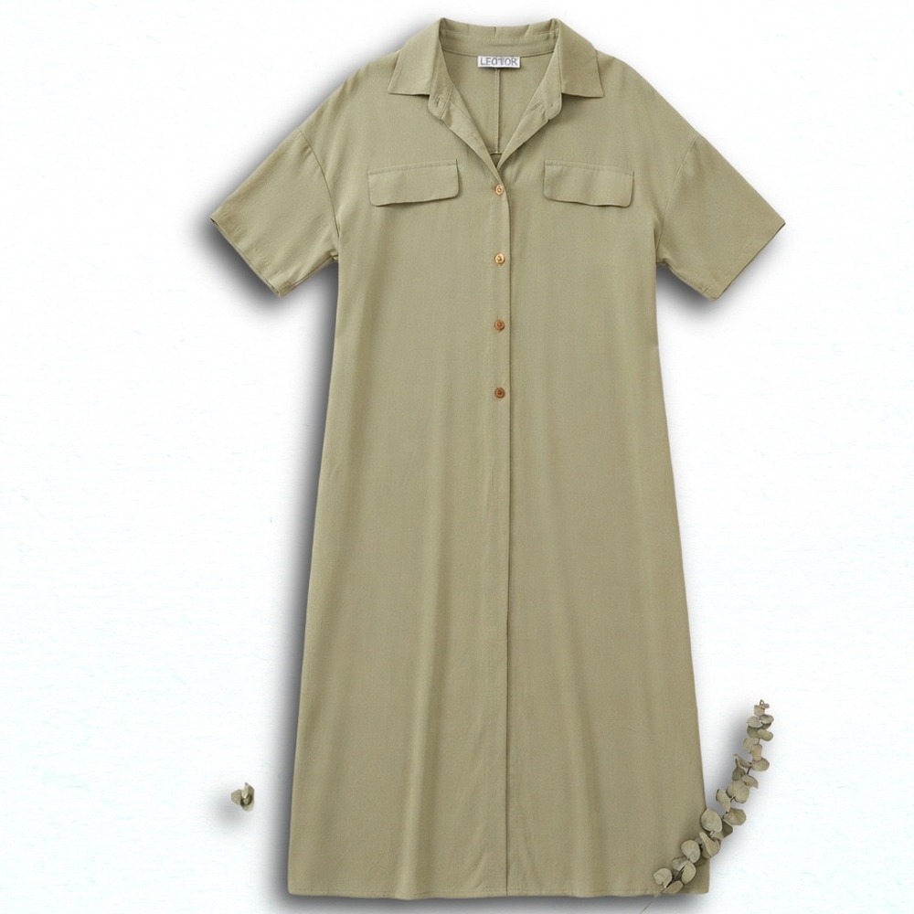 Leonor Womens Sage Green Short Sleeve Button Front Utility Midi Dress Size 1X